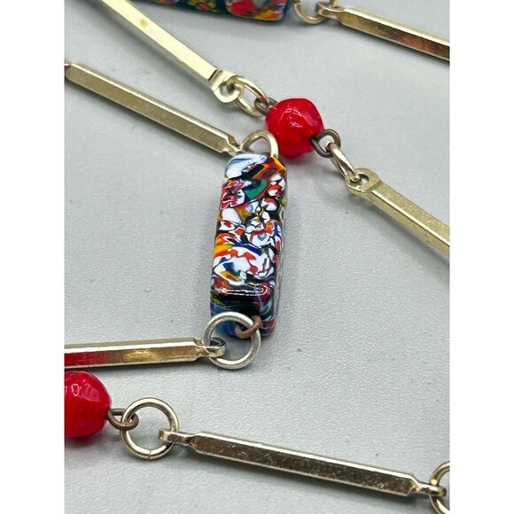 Vintage Red Millefiori Murano Glass Necklace Station Beads & Gold Tone Links - Picture 4 of 6